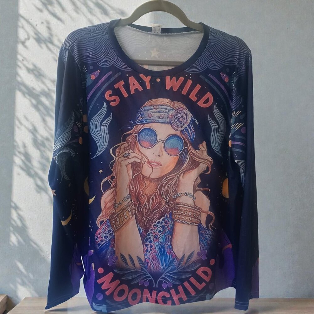 Stay Wild Moonchild Boho Top Long Sleeve Graphic Tee XL XXL 1x